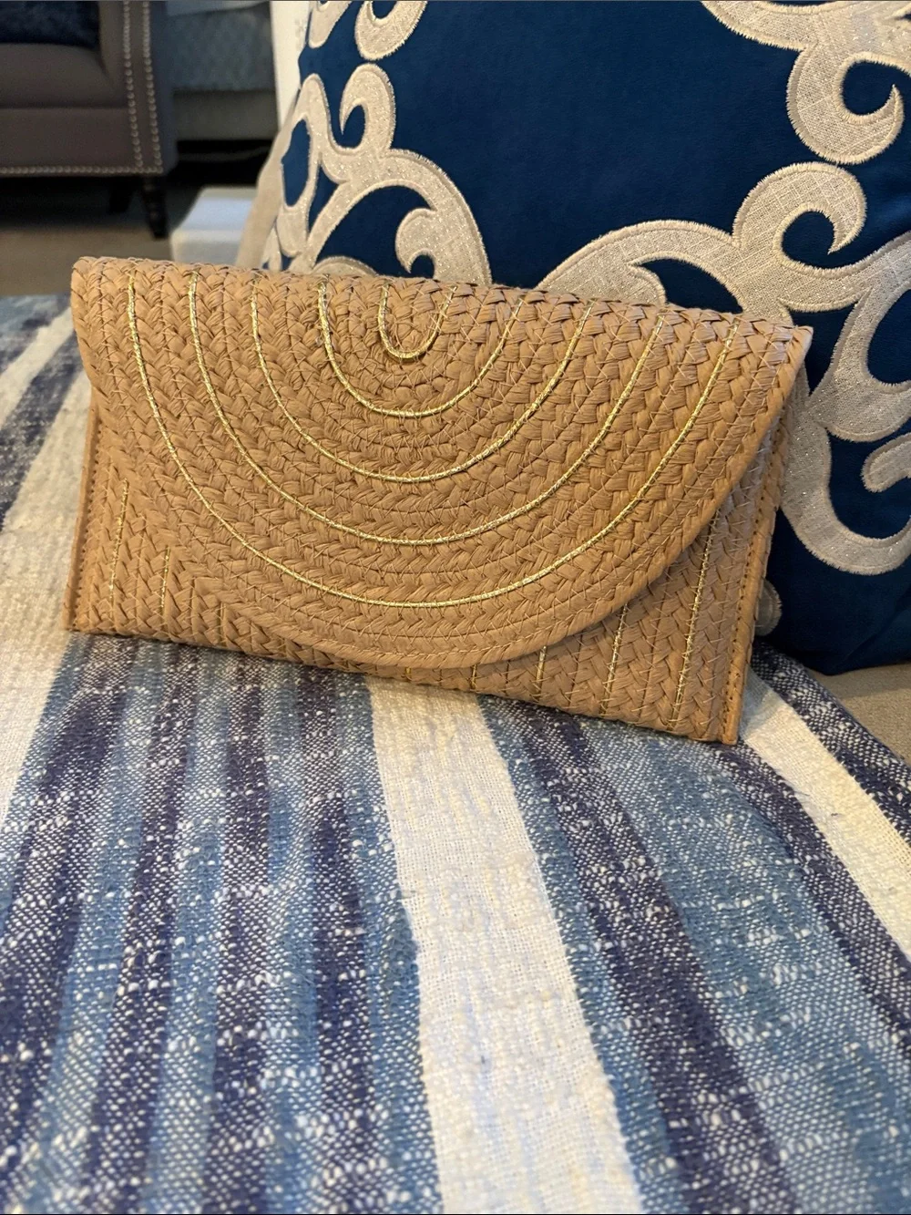 Sol And Mer Woven Straw Fold-Over Clutch in Natural Tan w chain and gold detail